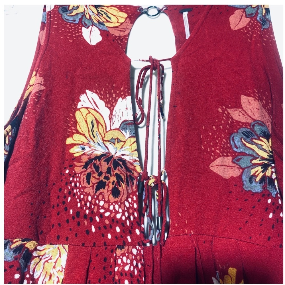 Free People Red Floral Lace Up Boho‎ Mini Dress Sleeveless Large OB502239 - Picture 7 of 9